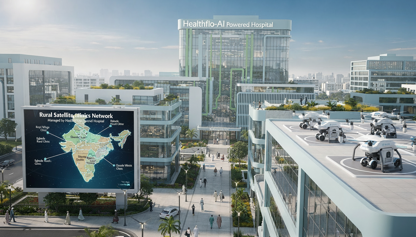 An AI-powered HealthFlo hospital campus with rooftop delivery drones and a rural satellite clinics network map