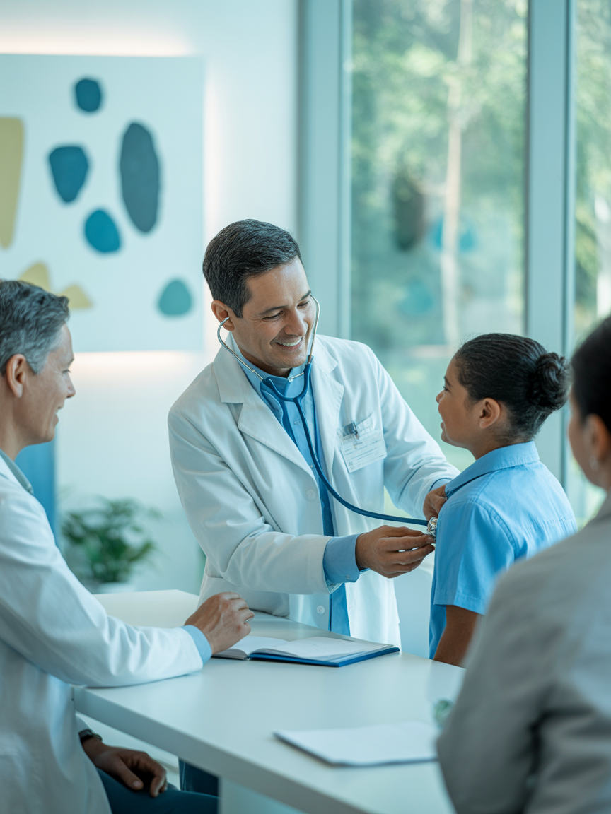 A doctor examining a young patient with a stethoscope while a colleague and guardian look on